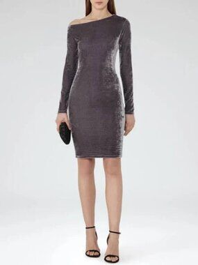 Reiss | NWT Xeni Long Sleeve Asymmetrical Neck Silver Velvet Bodycon Dress 12